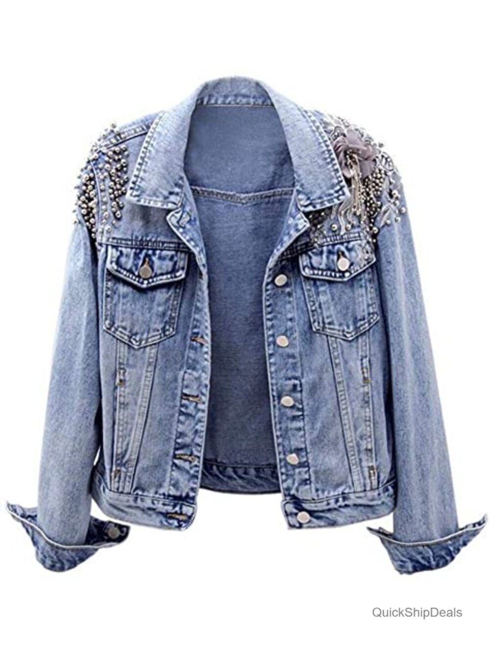 Womens Denim Jacket Studded Pearl Western Long Sleeve Button Jean Coat
